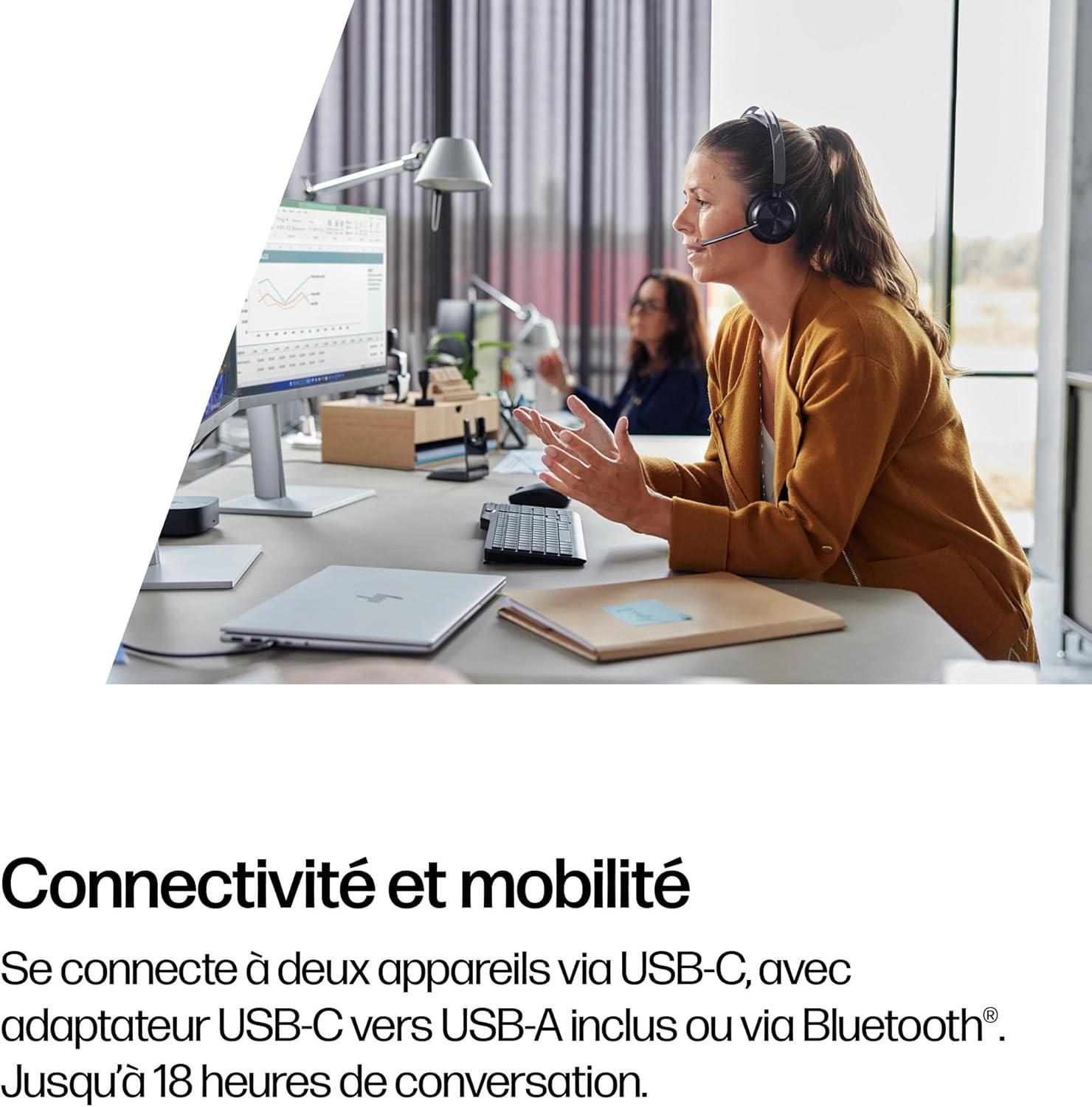 image:imageMicrocasque sans fil Poly Voyager Focus 2 UC avec microphone et socle de chargement Annulation active du bruit ANC Connexion un PCTlphone portable via Bluetooth avec Teams Zoom et plus